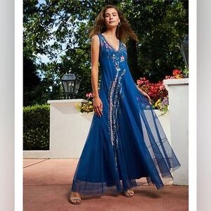 Johnny Was Mazzy Bias Dress L Embroidered Mesh Sleeveless Maxi Slip Long NWOT